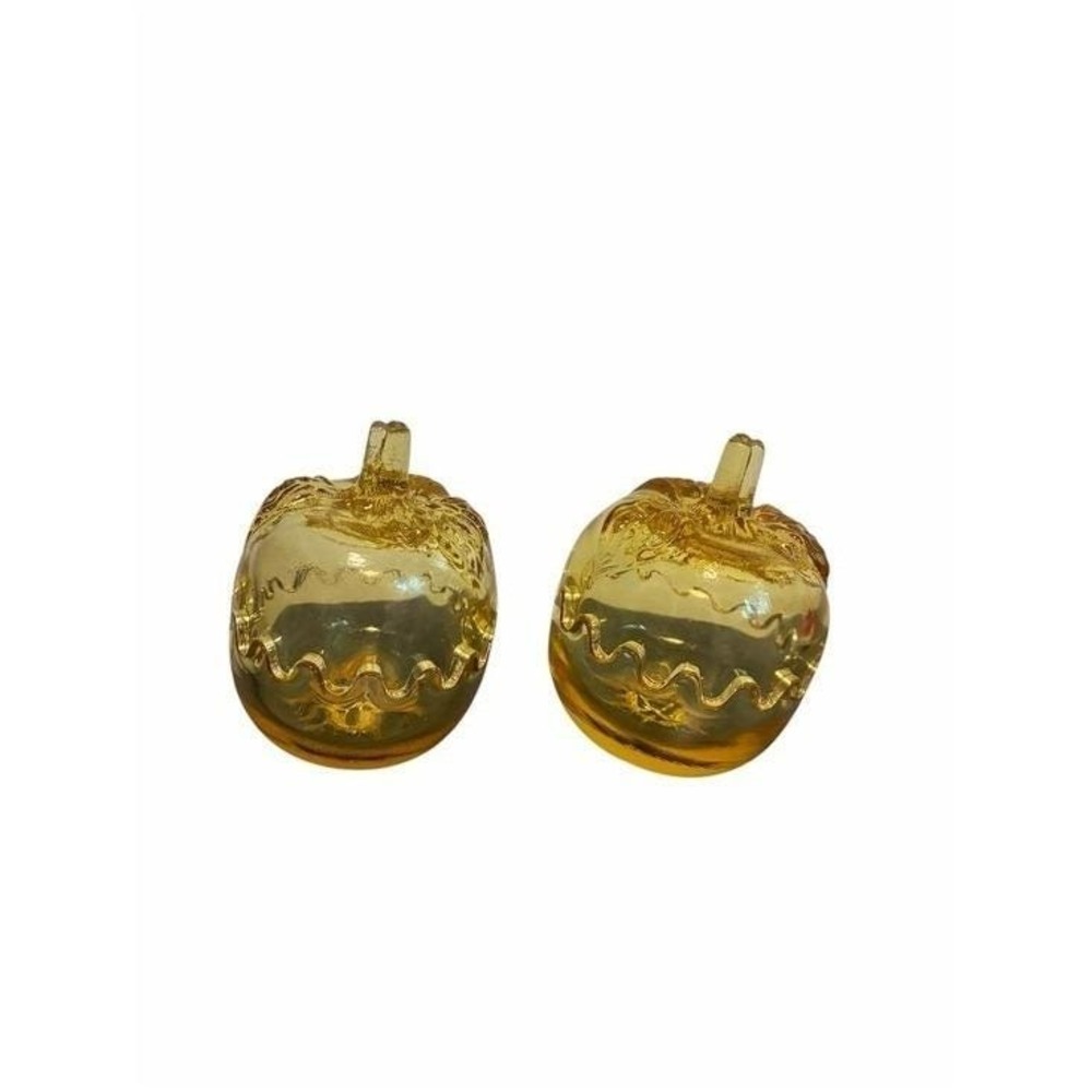 Amber Glass Pumpkin Candy Dish Set Scalloped Edge Fall Decor 2pc Yellow Vintage